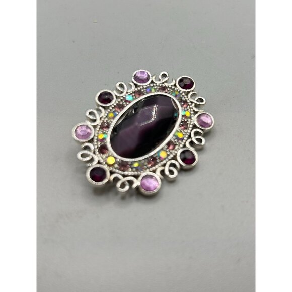 Signed MONET Pin Brooch Purple Tones Faceted Cabochons Silver Tone Setting - Picture 2 of 12